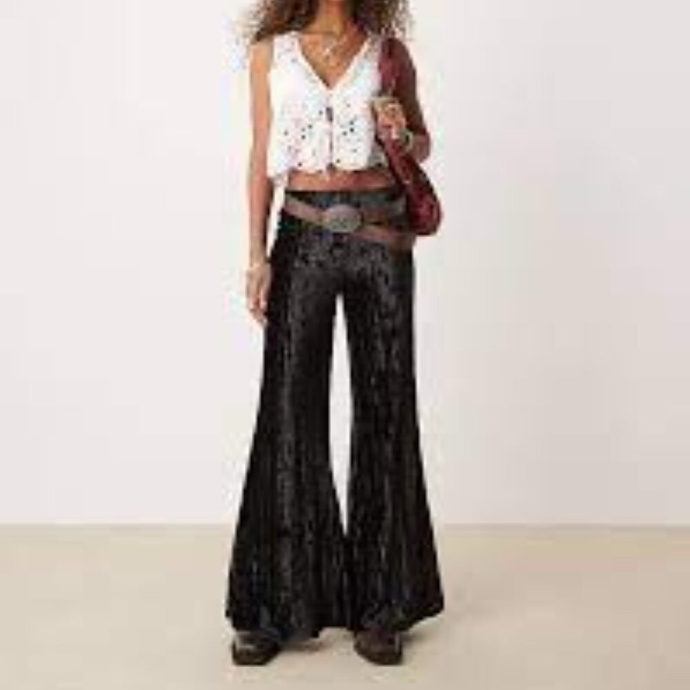 Free‎ People Star Sign Crinkle Velvet Pleated Wide Leg Flare Pants Size S Black